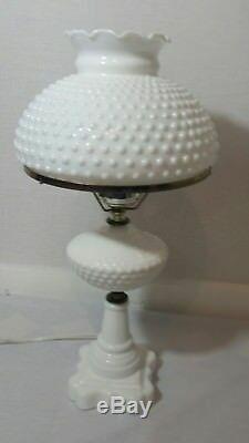 Vintage Hobnail Milk Glass White Table Lamp, Hurricane