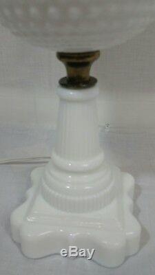 Vintage Hobnail Milk Glass White Table Lamp, Hurricane