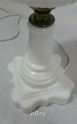 Vintage Hobnail Milk Glass White Table Lamp, Hurricane