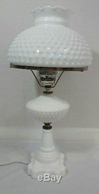 Vintage Hobnail Milk Glass White Table Lamp, Hurricane