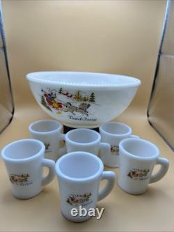 Vintage Holiday MCKEE Tom & Jerry Milk Glass Egg Nog Punch Bowl Set With 6 Cups