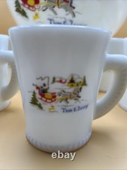 Vintage Holiday MCKEE Tom & Jerry Milk Glass Egg Nog Punch Bowl Set With 6 Cups