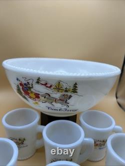 Vintage Holiday MCKEE Tom & Jerry Milk Glass Egg Nog Punch Bowl Set With 6 Cups