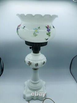 Vintage Hurricane Boudoir Lamp White Milk Glass Pink Purple Floral Flowers 18