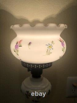 Vintage Hurricane Boudoir Lamp White Milk Glass Pink Purple Floral Flowers 18
