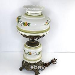 Vintage Hurricane GWTW Table Lamp White Floral Hand Painted Milk Glass 22