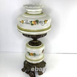 Vintage Hurricane GWTW Table Lamp White Floral Hand Painted Milk Glass 22