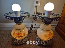 Vintage Hurricane Gone With The Wind Lamps Matching Pair, MCM White Milk Glass