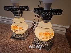 Vintage Hurricane Gone With The Wind Lamps Matching Pair, MCM White Milk Glass