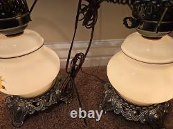 Vintage Hurricane Gone With The Wind Lamps Matching Pair, MCM White Milk Glass