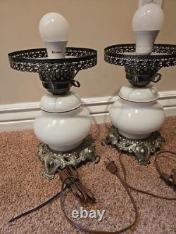 Vintage Hurricane Gone With The Wind Lamps Matching Pair, MCM White Milk Glass