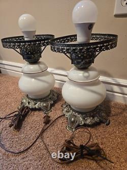Vintage Hurricane Gone With The Wind Lamps Matching Pair, MCM White Milk Glass