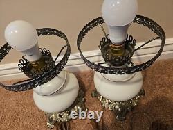 Vintage Hurricane Gone With The Wind Lamps Matching Pair, MCM White Milk Glass