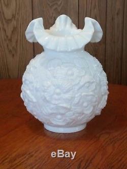 Vintage Hurricane Lamp Shade Fenton Poppy White Milk Glass Ruffle Top