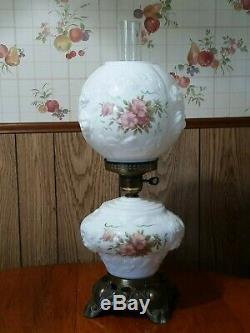 Vintage Hurricane Lamp White Milk Glass Embossed Floral 20 Tall 3 Way Lighting