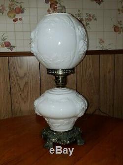 Vintage Hurricane Lamp White Milk Glass Embossed Floral Roses 19 Tall