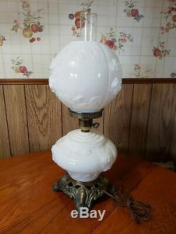 Vintage Hurricane Lamp White Milk Glass Embossed Floral Roses 20 Tall