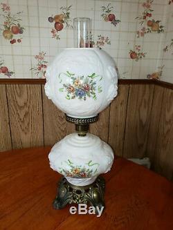 Vintage Hurricane Lamp White Milk Glass Embossed Floral Roses 20 Tall