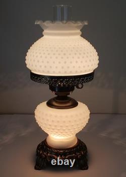 Vintage Hurricane Lamp White Milk Glass Hobnail 16 17 1/2 Tall Rewired