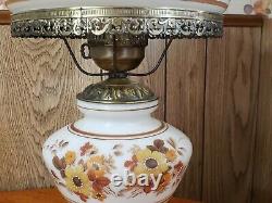 Vintage Hurricane Lamp White Milk Glass Ornate With Floral Flowers 20 Tall