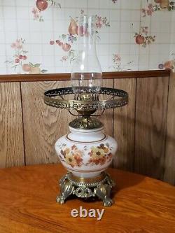 Vintage Hurricane Lamp White Milk Glass Ornate With Floral Flowers 20 Tall