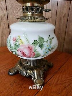 Vintage Hurricane Lamp White Milk Glass Round Floral Roses 21 Tall