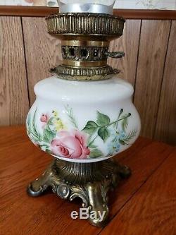 Vintage Hurricane Lamp White Milk Glass Round Floral Roses 21 Tall