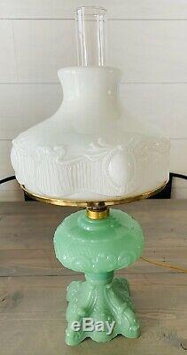 Vintage Hurricane Milk Glass Green & White Lamp