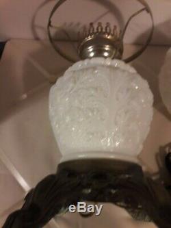 Vintage Hurricane Table Lamp Floral Embossed White Milk Glass 18 Tall
