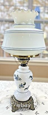 Vintage Hurricane Table Lamp White Milk Glass withBlue Flowers Victorian 19 Tall