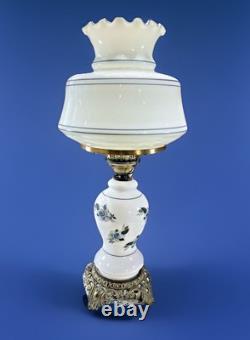 Vintage Hurricane Table Lamp White Milk Glass withBlue Flowers Victorian 19 Tall
