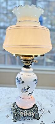 Vintage Hurricane Table Lamp White Milk Glass withBlue Flowers Victorian 19 Tall