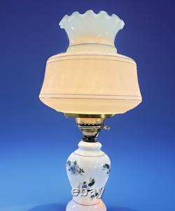 Vintage Hurricane Table Lamp White Milk Glass withBlue Flowers Victorian 19 Tall