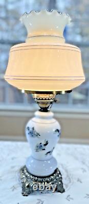 Vintage Hurricane Table Lamp White Milk Glass withBlue Flowers Victorian 19 Tall