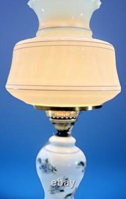 Vintage Hurricane Table Lamp White Milk Glass withBlue Flowers Victorian 19 Tall