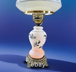 Vintage Hurricane Table Lamp White Milk Glass withBlue Flowers Victorian 19 Tall