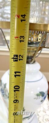Vintage Hurricane Table Lamp White Milk Glass withBlue Flowers Victorian 19 Tall