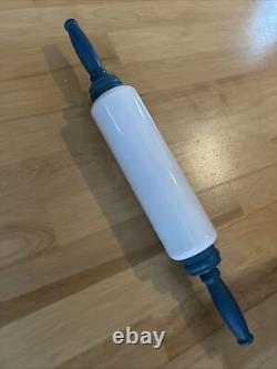 Vintage Imperial Rolling Pin White Milk Glass Blue Painted Wood Handles RARE