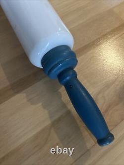 Vintage Imperial Rolling Pin White Milk Glass Blue Painted Wood Handles RARE