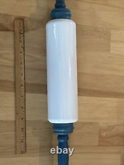 Vintage Imperial Rolling Pin White Milk Glass Blue Painted Wood Handles RARE