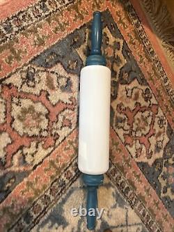 Vintage Imperial Rolling Pin White Milk Glass Blue Painted Wood Handles RARE