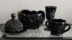 Vintage Indiana Glass Tiara Black Monarch Paneled Daisy 4-Pc Set Halloween