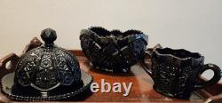 Vintage Indiana Glass Tiara Black Monarch Paneled Daisy 4-Pc Set Halloween