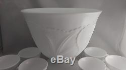 Vintage Indiana milk glass pebble leaf pedestal punch bowl set with12 cups