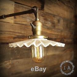 Vintage Industrial OC White Telescoping Wall Mount Lamp Milk Glass Shade