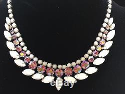 Vintage JULIANA White Milk Glass Necklace with Pink Aurora Borealis Rhinestones