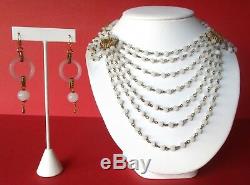 Vintage Jewelry Set Summer Wedding White Milk Glass Earrings & Necklace Set