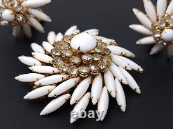 Vintage Judy Lee White Milk Glass Rhinestone Gold Tone Brooch Clip Earrings Set