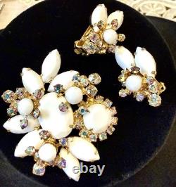Vintage Juliana D&E Style White Milk Glass AB Rhinestone Brooch Earring Set