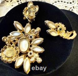 Vintage Juliana D&E Style White Milk Glass AB Rhinestone Brooch Earring Set